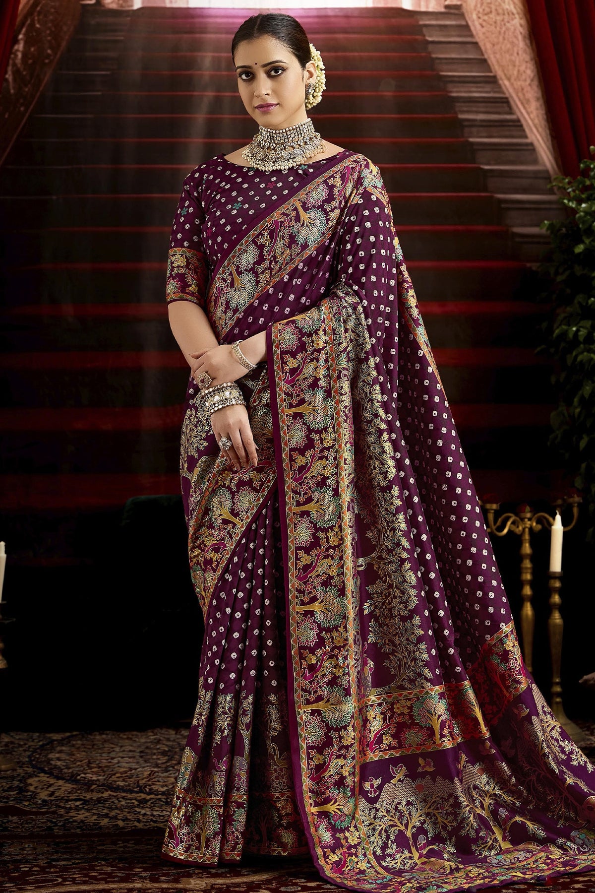 Purple Tussar Silk Bandhani Print Saree