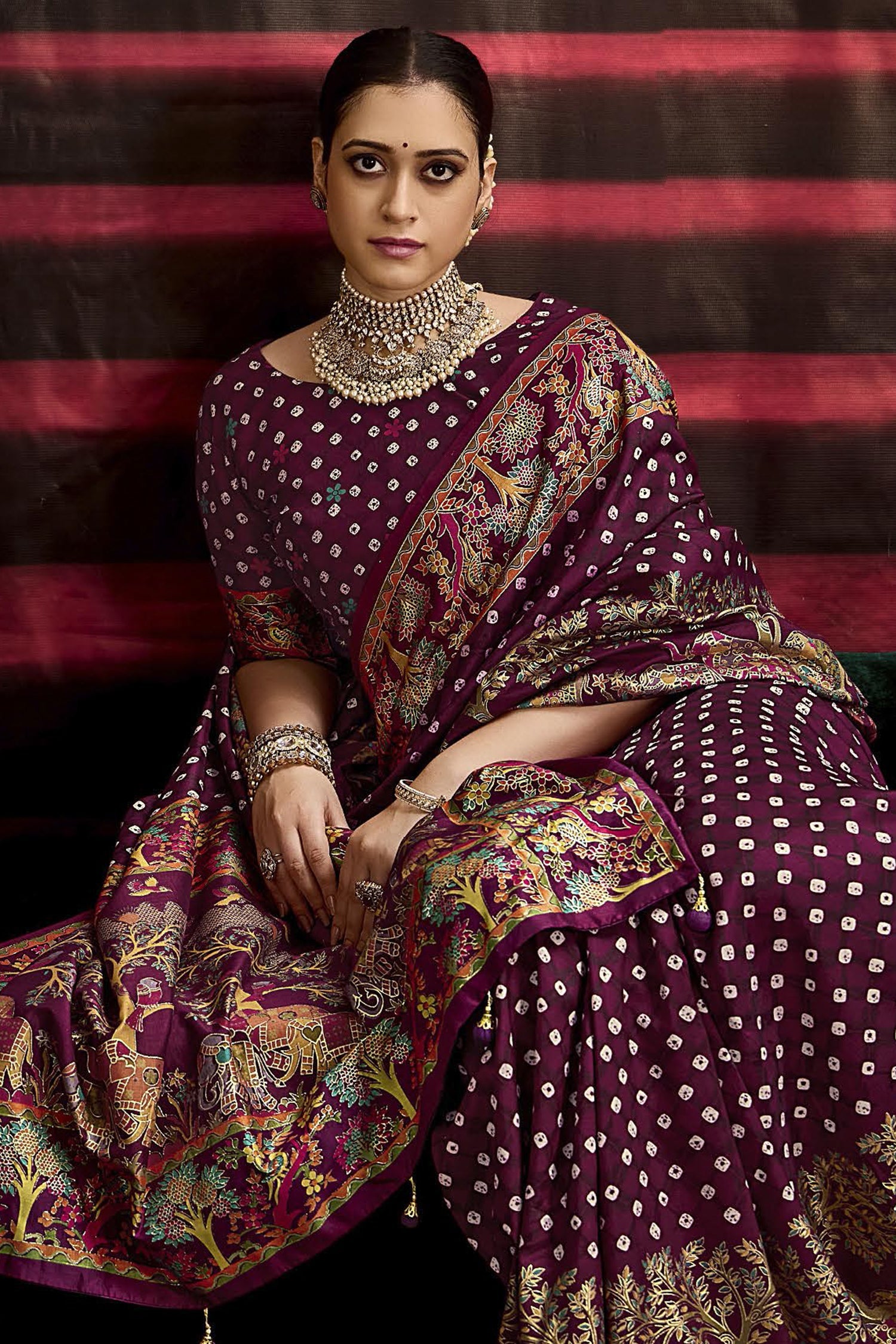 Purple Tussar Silk Bandhani Print Saree