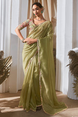 Olive Green Tissue Saree with Sequin Embroidery Work
