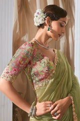 Olive Green Tissue Saree with Sequin Embroidery Work