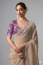 Cream Tissue Saree with Sequin Embroidery Work - cream saree embroidery