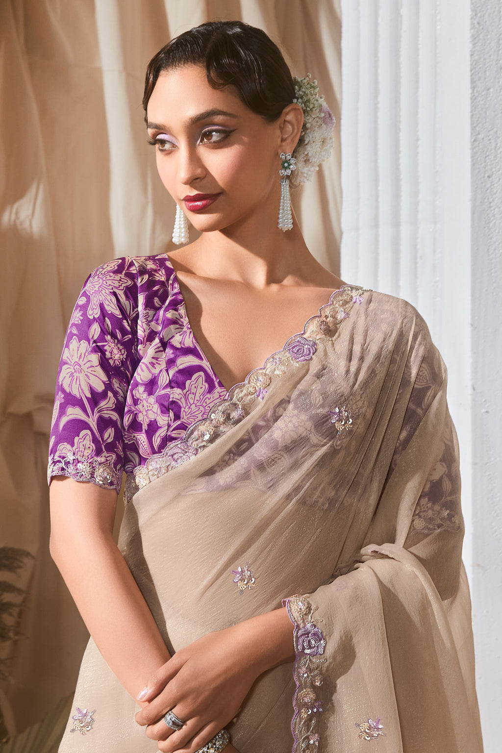 Cream Tissue Saree with Sequin Embroidery Work - cream saree embroidery