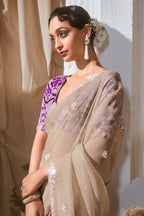 Cream Tissue Saree with Sequin Embroidery Work - cream saree embroidery