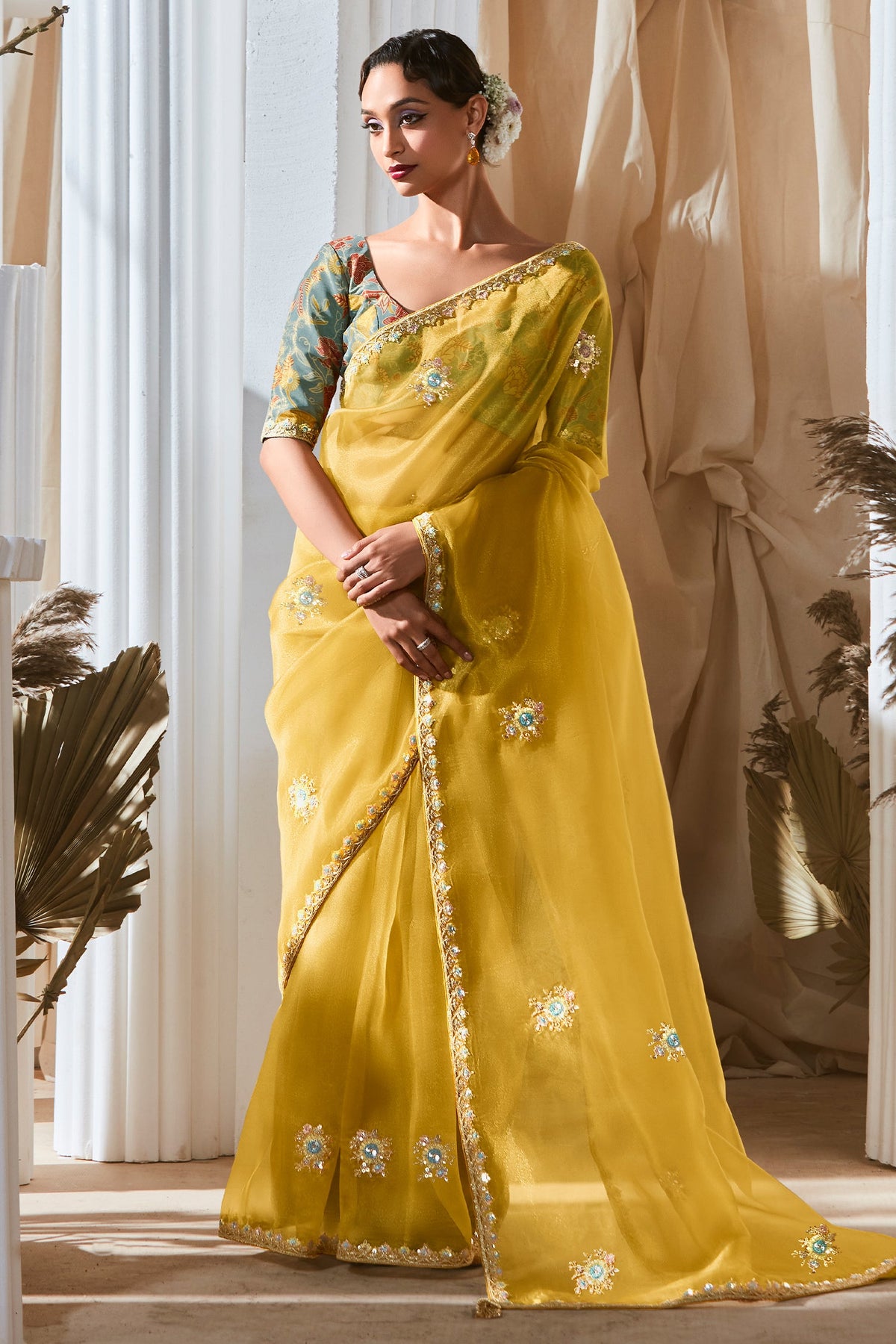 Yellow Tissue Saree with Sequin Embroidery Work