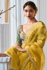 Yellow Tissue Saree with Sequin Embroidery Work