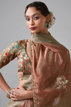 Brown and Green Shaded Tissue Saree with Sequin Embroidery Work - green saree embroidery