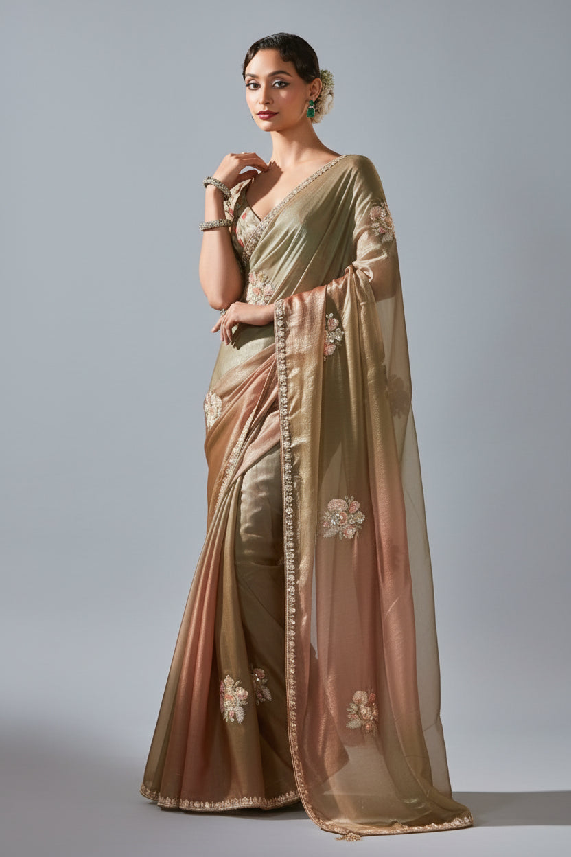 Brown and Green Shaded Tissue Saree with Sequin Embroidery Work - green saree embroidery Main image
