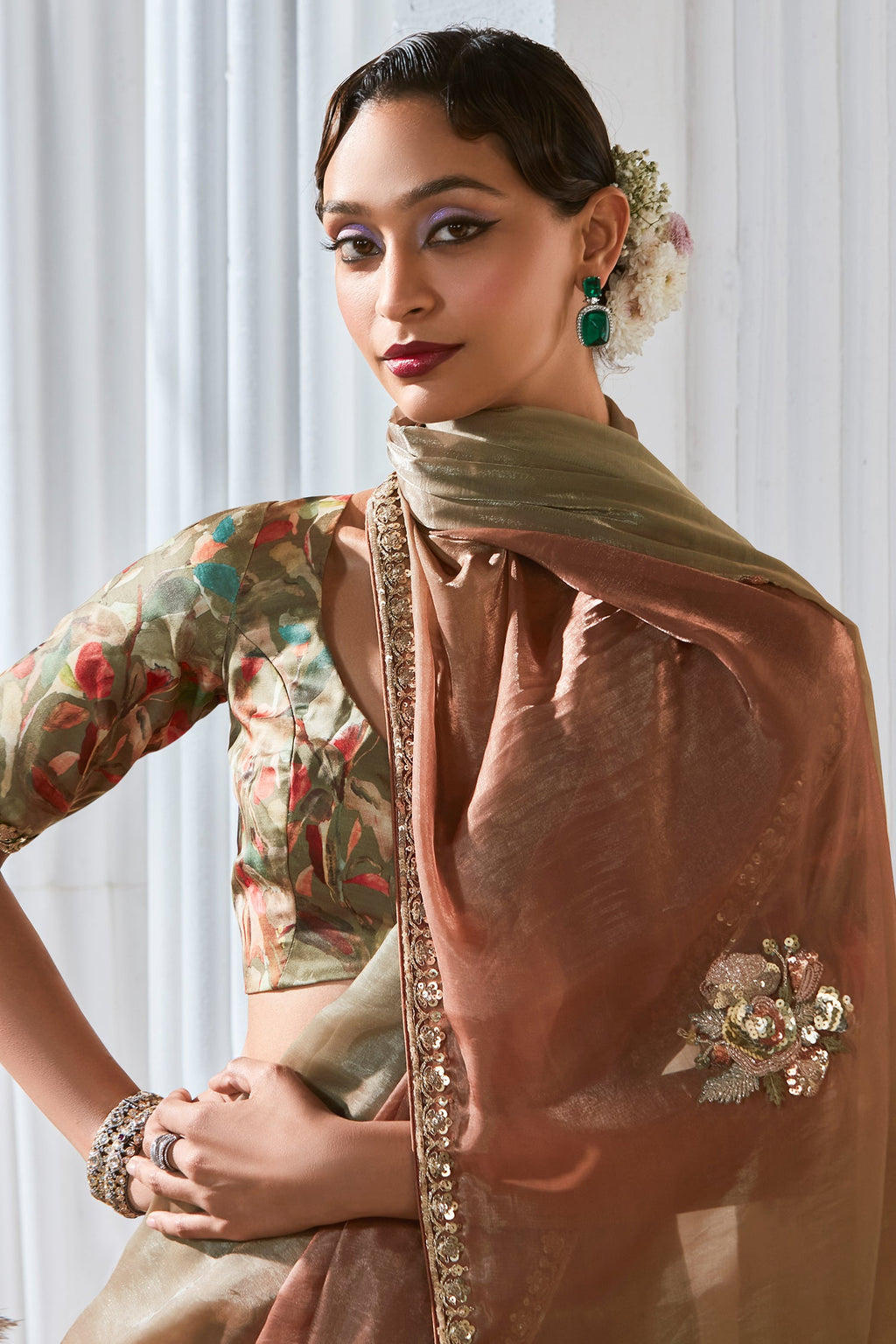 Brown and Green Shaded Tissue Saree with Sequin Embroidery Work - green saree embroidery