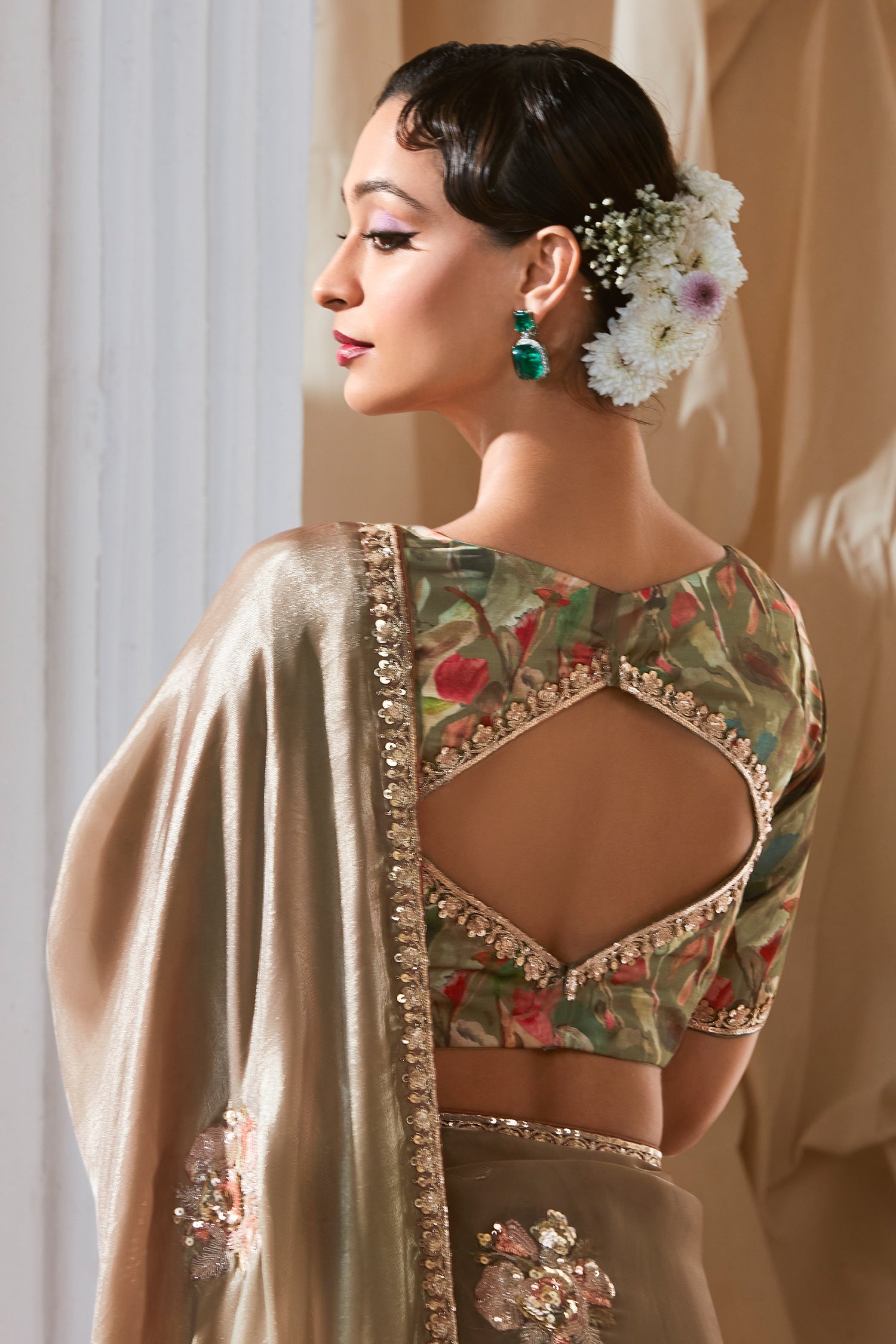 Brown and Green Shaded Tissue Saree with Sequin Embroidery Work - green saree embroidery