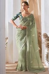 Moss Green Tissue Organza Saree with Sequin and Embroidery Work