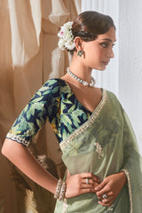 Moss Green Tissue Organza Saree with Sequin and Embroidery Work
