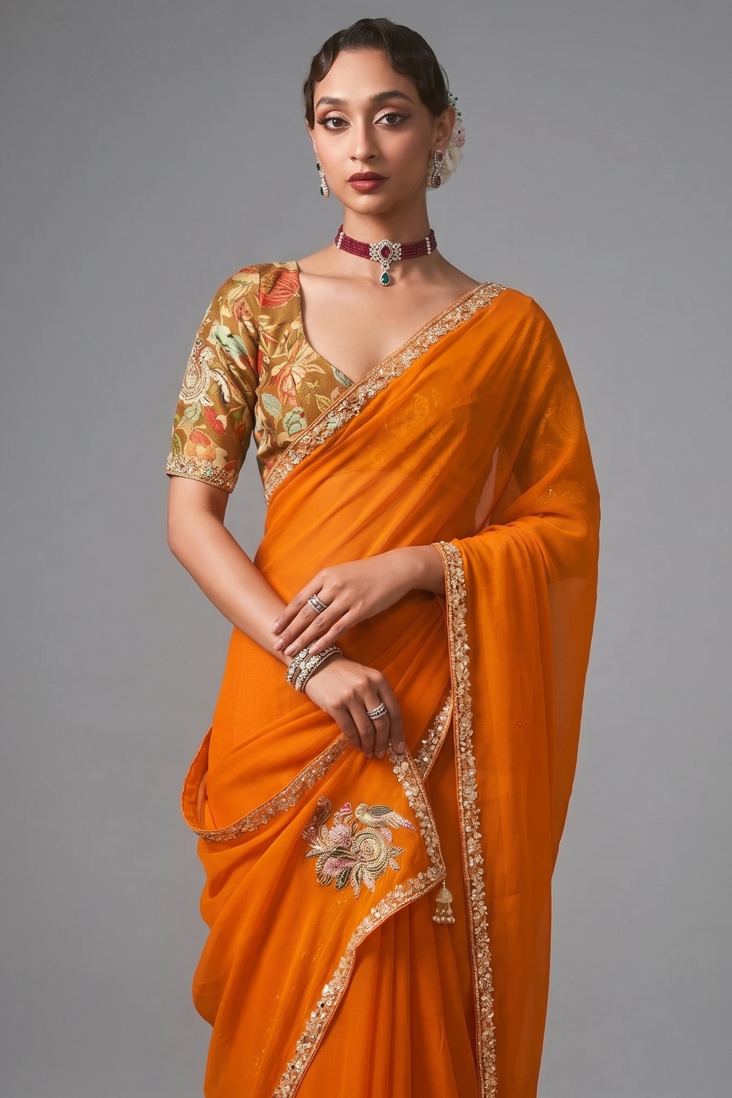 Orange Tissue Organza Saree with Sequin and Embroidery Work - orange organza saree embroidery