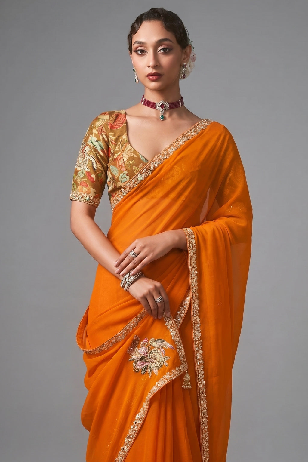 Orange Tissue Organza Saree with Sequin and Embroidery Work - orange organza saree embroidery