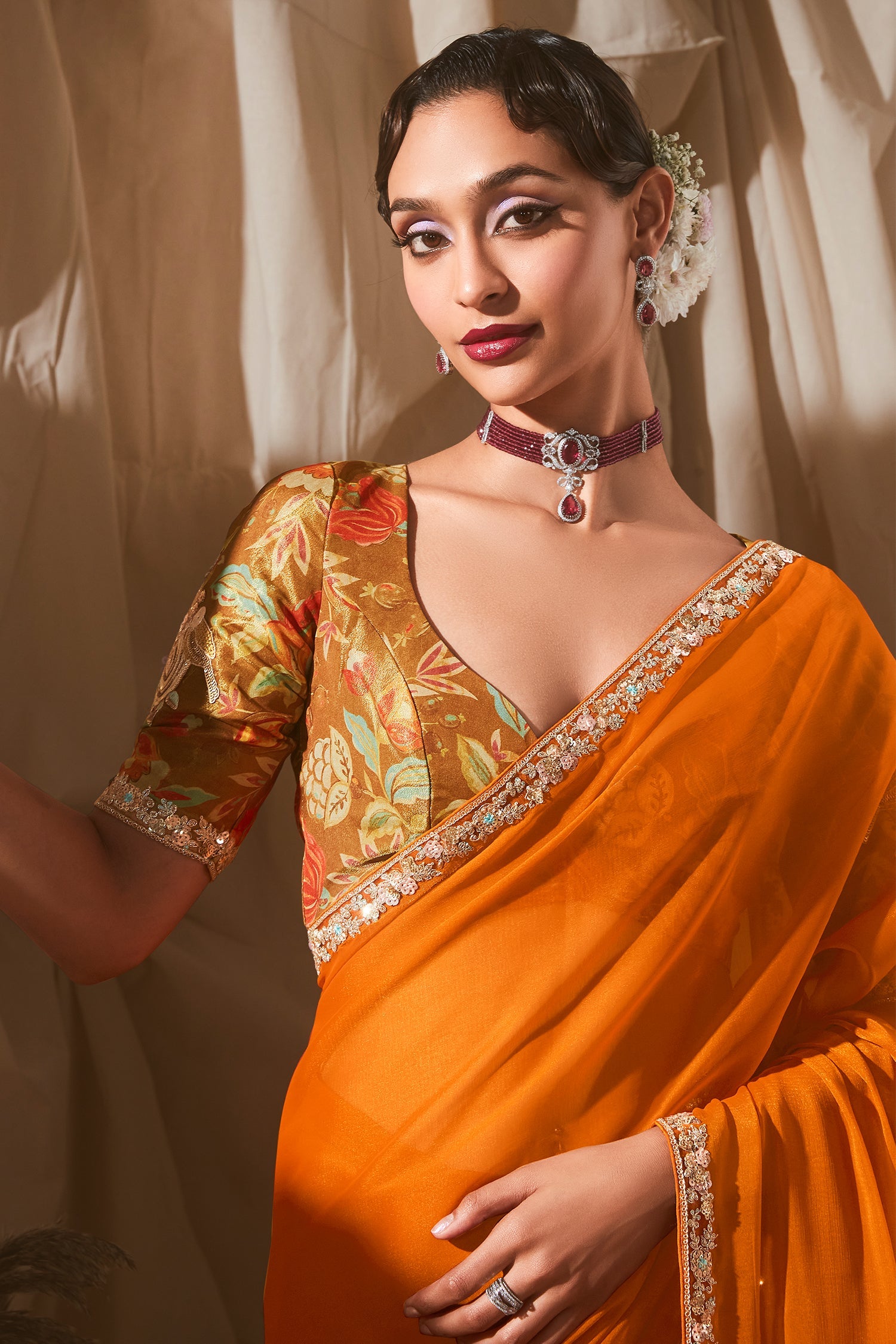 Orange Tissue Organza Saree with Sequin and Embroidery Work - orange organza saree embroidery