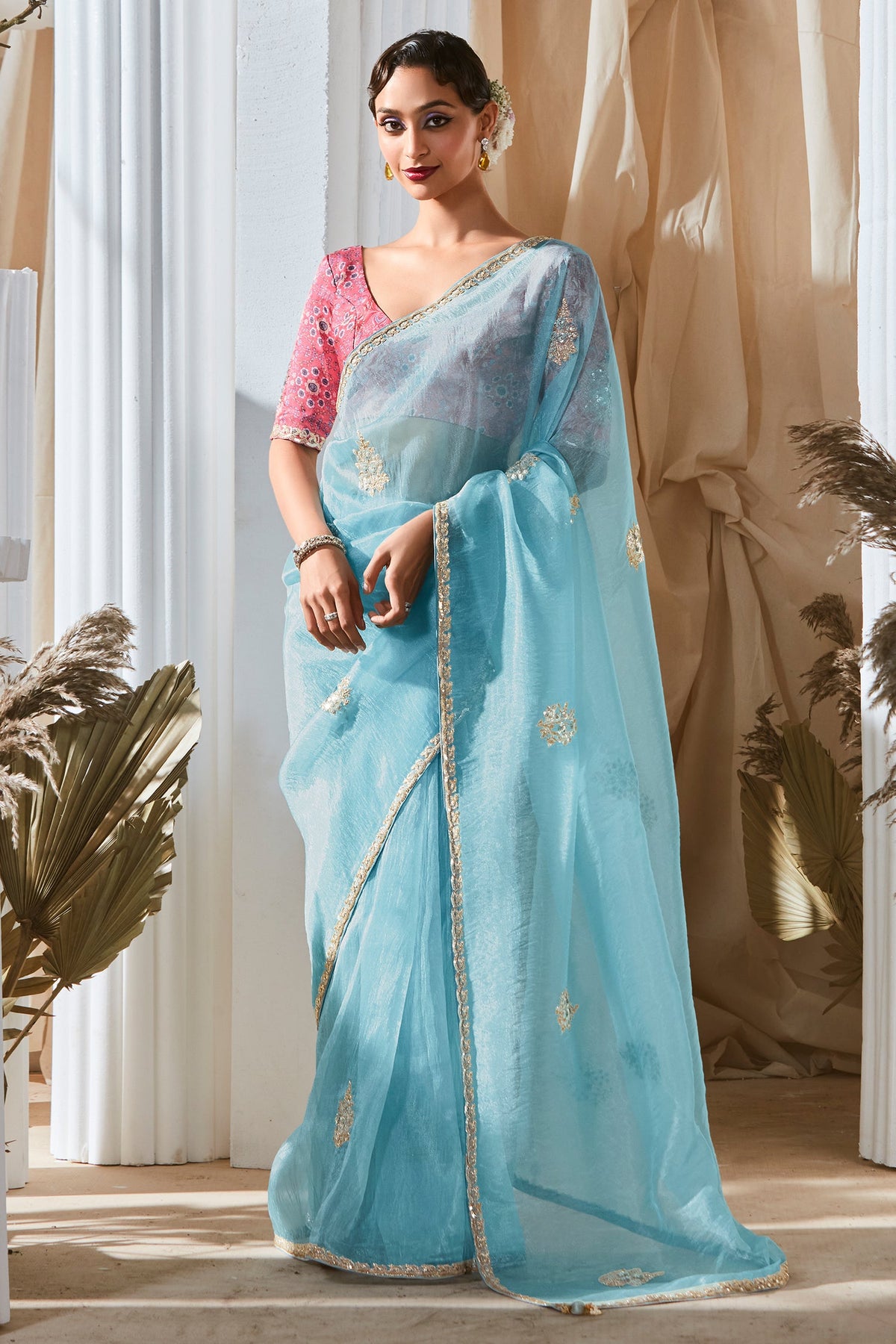 Light Blue Tissue Organza Saree with Sequin and Embroidery Work