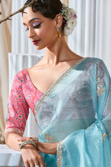 Light Blue Tissue Organza Saree with Sequin and Embroidery Work