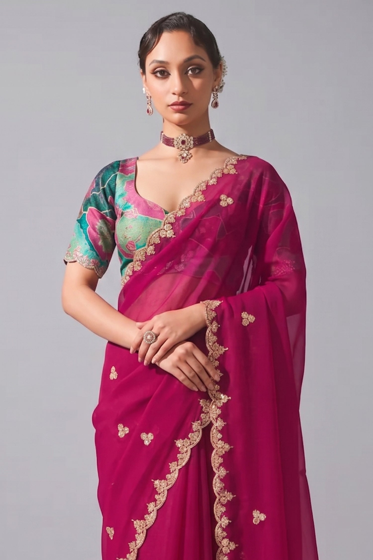 Magenta Tissue Organza Saree with Sequin and Embroidery Work Secondary image