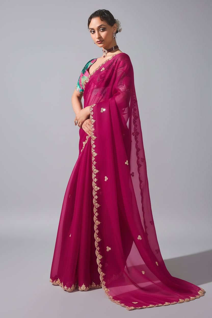 Magenta Tissue Organza Saree with Sequin and Embroidery Work - magenta organza saree embroidery