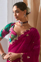 Magenta Tissue Organza Saree with Sequin and Embroidery Work - magenta organza saree embroidery