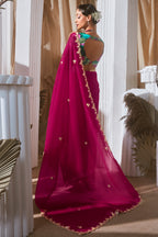 Magenta Tissue Organza Saree with Sequin and Embroidery Work - magenta organza saree embroidery