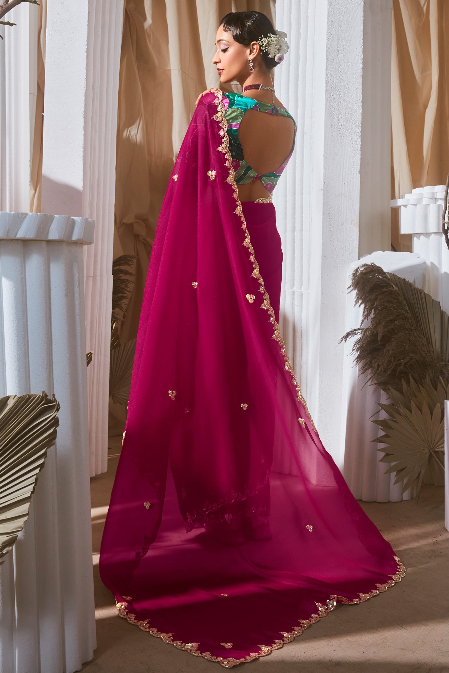 Magenta Tissue Organza Saree with Sequin and Embroidery Work - magenta organza saree embroidery