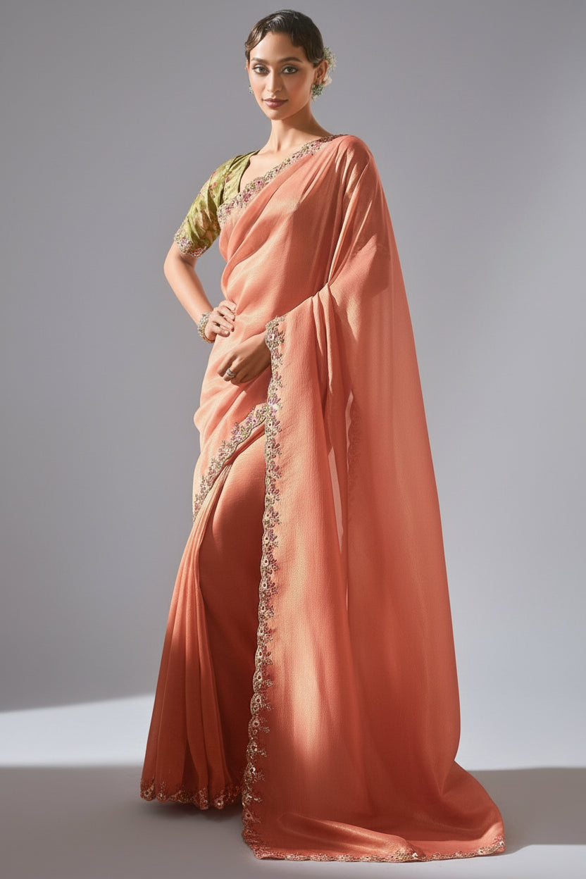 Peach Tissue Organza Saree with Sequin and Embroidery Work - peach organza saree embroidery