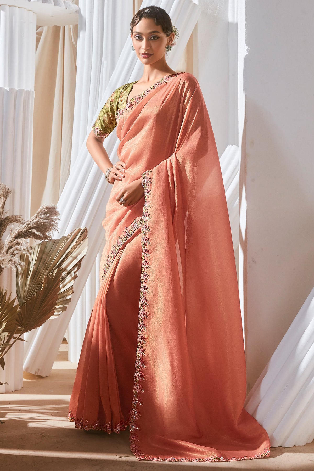 Peach Tissue Organza Saree with Sequin and Embroidery Work