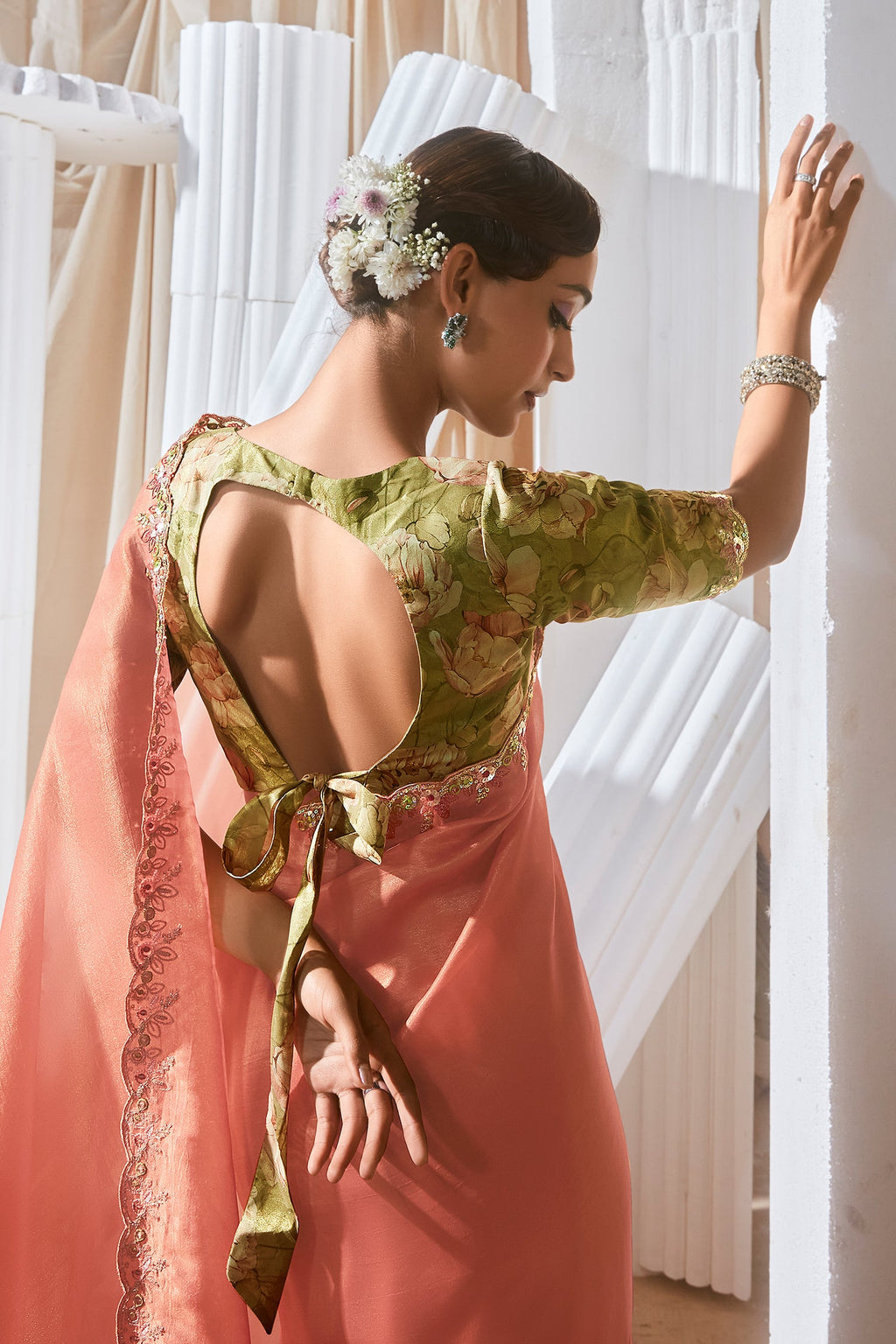 Peach Tissue Organza Saree with Sequin and Embroidery Work - peach organza saree embroidery