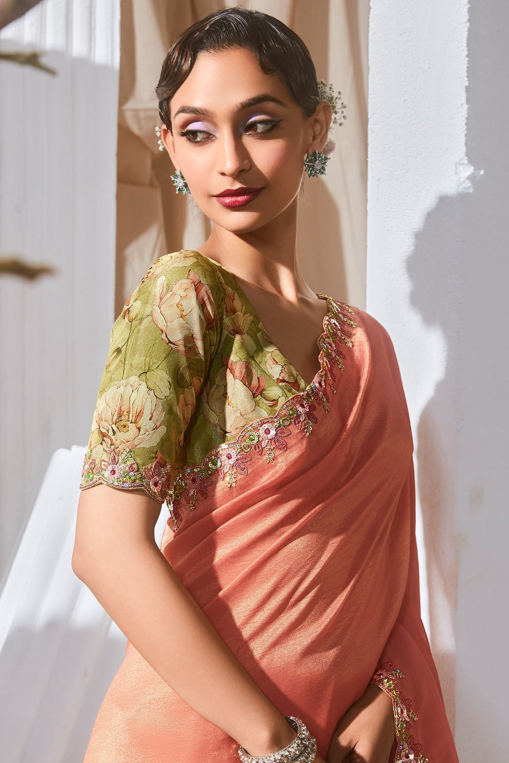 Peach Tissue Organza Saree with Sequin and Embroidery Work - peach organza saree embroidery