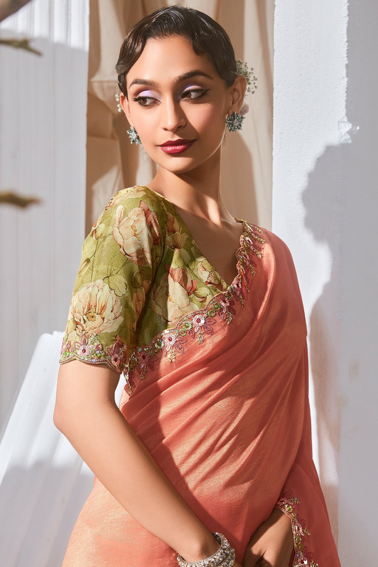 Peach Tissue Organza Saree with Sequin and Embroidery Work - peach organza saree embroidery