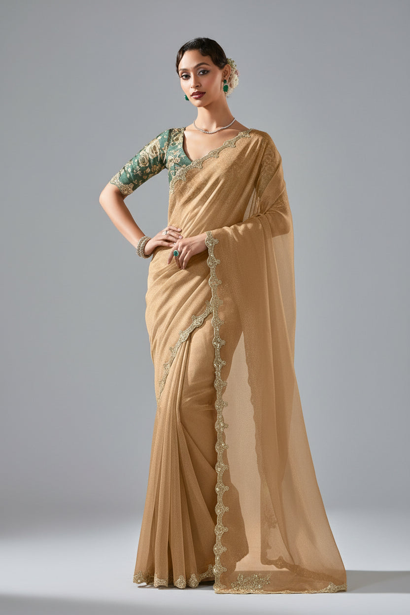 Beige Tissue Organza Saree with Sequin and Embroidery Work - beige organza saree embroidery Main image