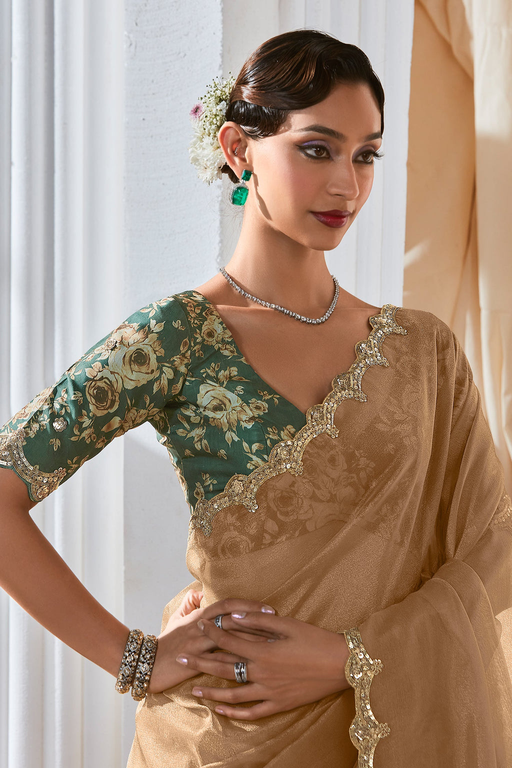 Beige Tissue Organza Saree with Sequin and Embroidery Work - beige organza saree embroidery
