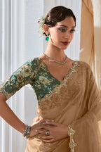 Beige Tissue Organza Saree with Sequin and Embroidery Work - beige organza saree embroidery