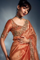 Orange Tissue Organza Saree with Sequin and Embroidery Work