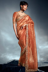 Orange Tissue Organza Saree with Sequin and Embroidery Work