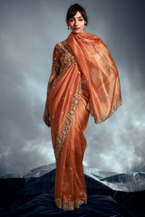 Orange Tissue Organza Saree with Sequin and Embroidery Work