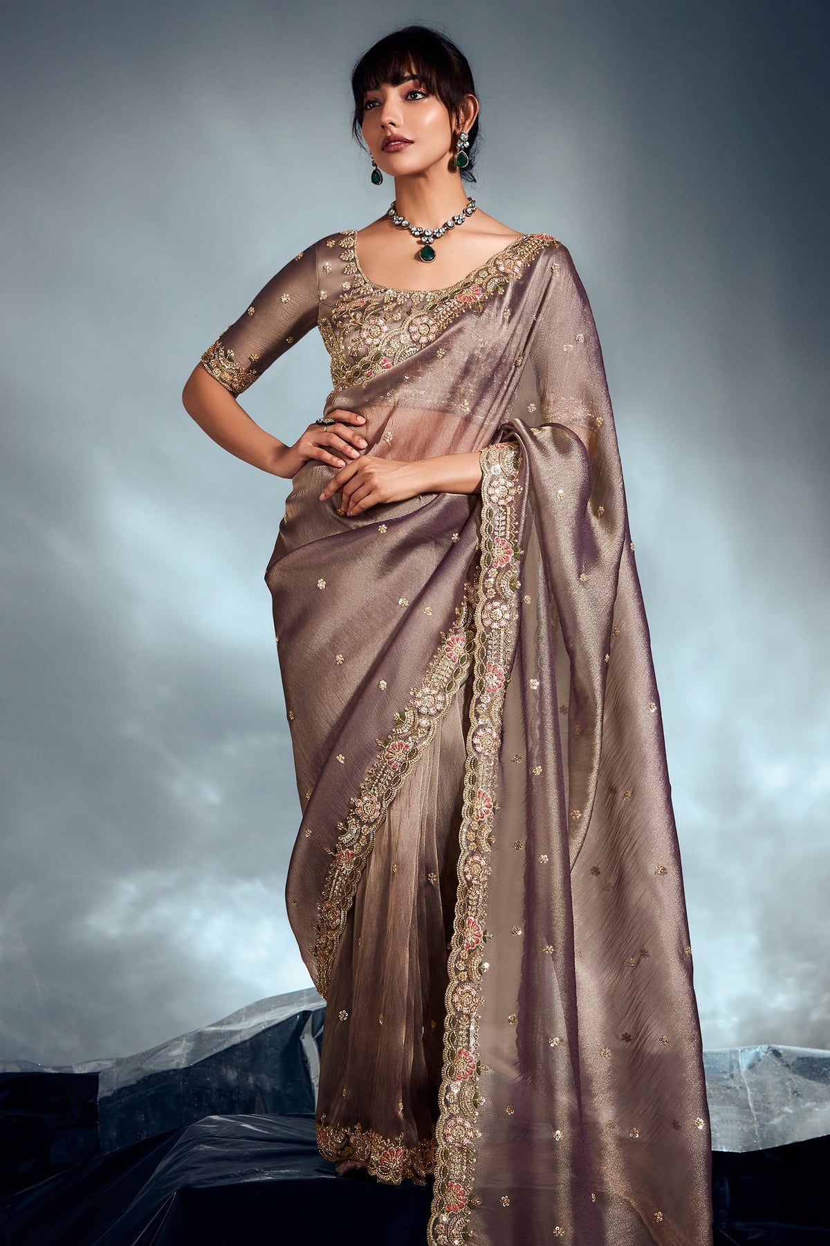 Grey Tissue Organza Saree with Sequin and Embroidery Work
