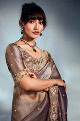 Grey Tissue Organza Saree with Sequin and Embroidery Work
