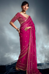 Magenta Tissue Organza Saree with Sequin and Embroidery Work