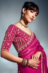 Magenta Tissue Organza Saree with Sequin and Embroidery Work