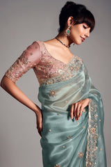 Sky Blue Tissue Organza Saree with Sequin and Embroidery Work