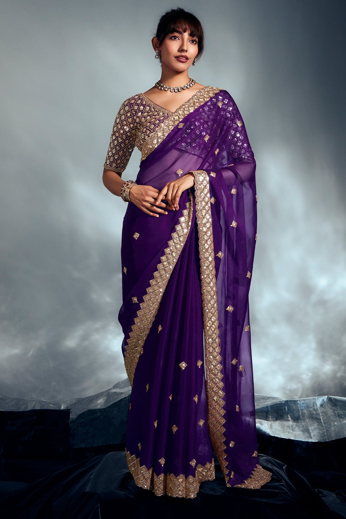 Dark Purple Tissue Organza Saree with Sequin and Embroidery Work