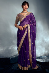 Dark Purple Tissue Organza Saree with Sequin and Embroidery Work