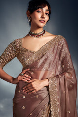 Dusty Peach Tissue Organza Saree with Sequin and Embroidery Work