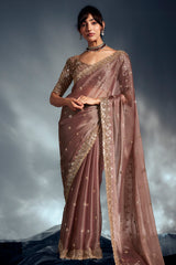 Dusty Peach Tissue Organza Saree with Sequin and Embroidery Work