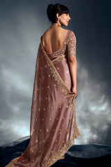 Dusty Peach Tissue Organza Saree with Sequin and Embroidery Work