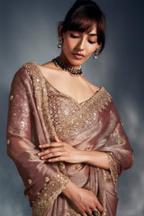 Dusty Peach Tissue Organza Saree with Sequin and Embroidery Work