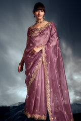 Pink Tissue Organza Saree with Sequin and Embroidery Work