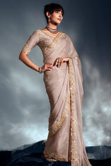Cream Tissue Organza Saree with Sequin and Embroidery Work