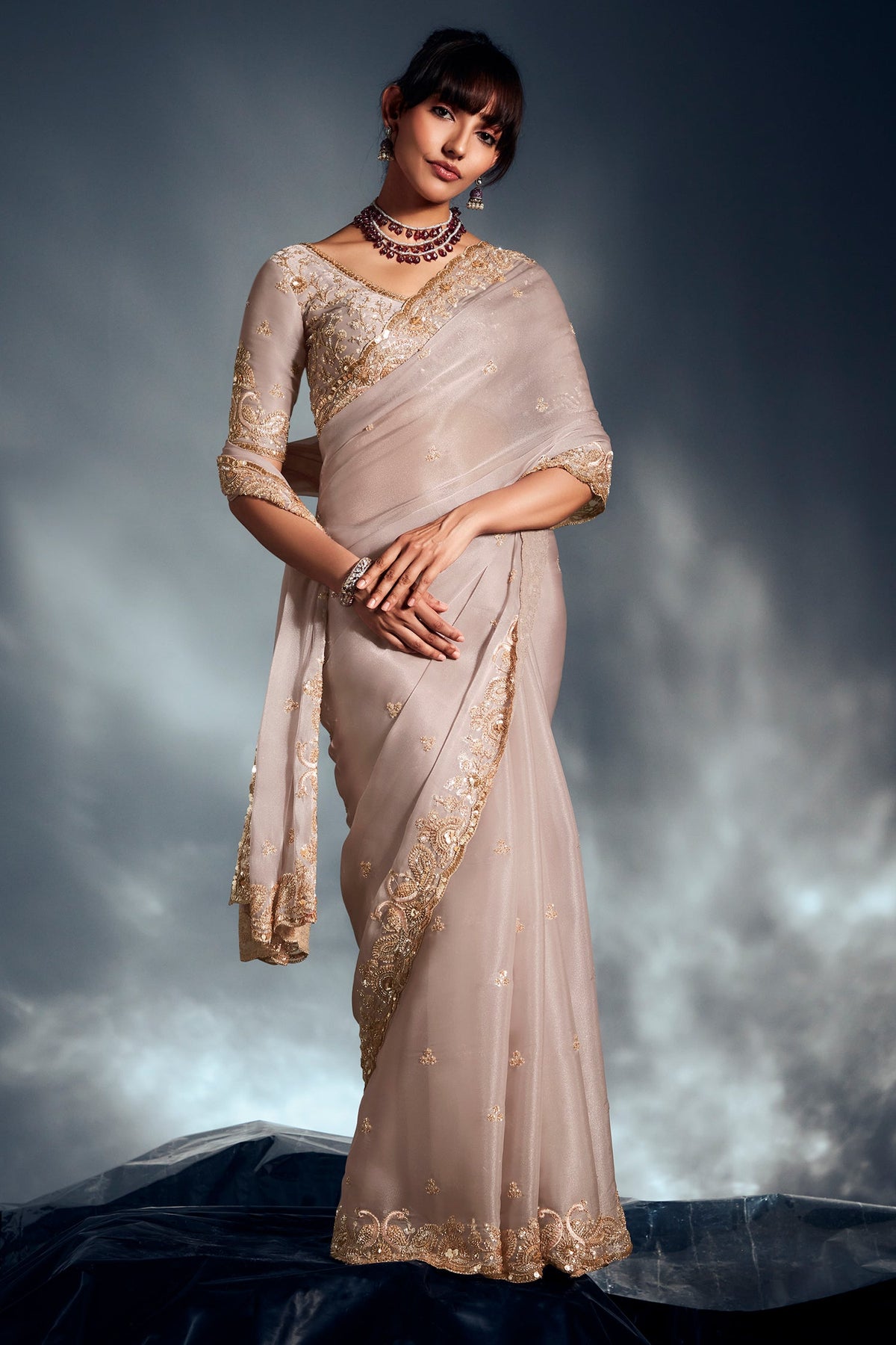Cream Tissue Organza Saree with Sequin and Embroidery Work